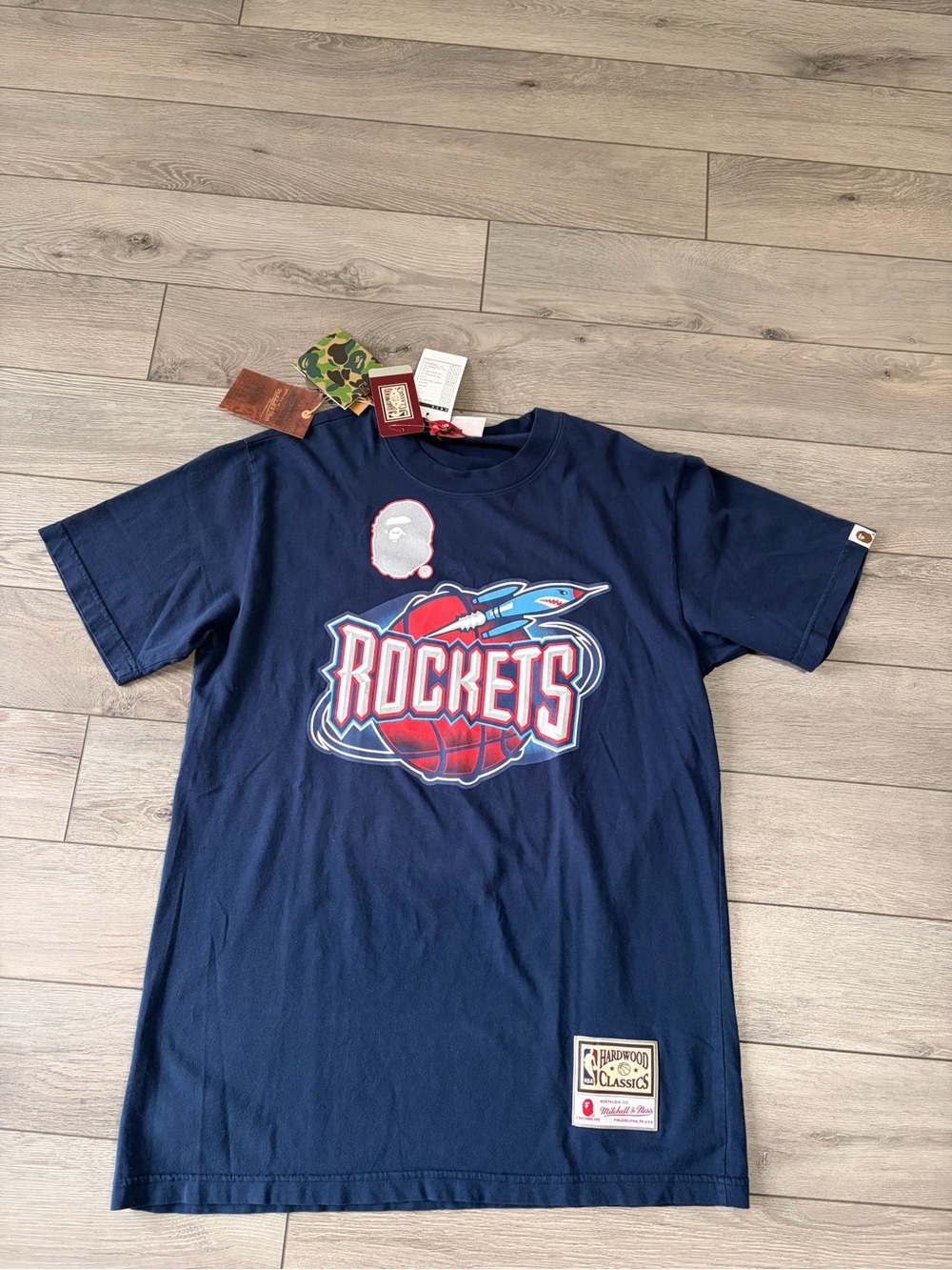 Bape x Mitchell & Ness Navy Hardwood Classics Patch Tee Houston Rockets